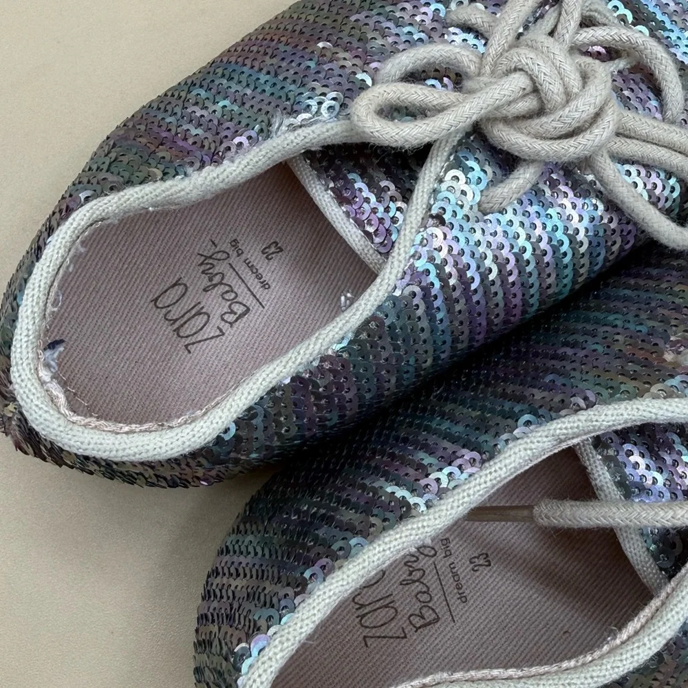 ZARA Baby Sequin Lace Up Shoes Size 23 Iridescent Sparkle Toddler Sneakers